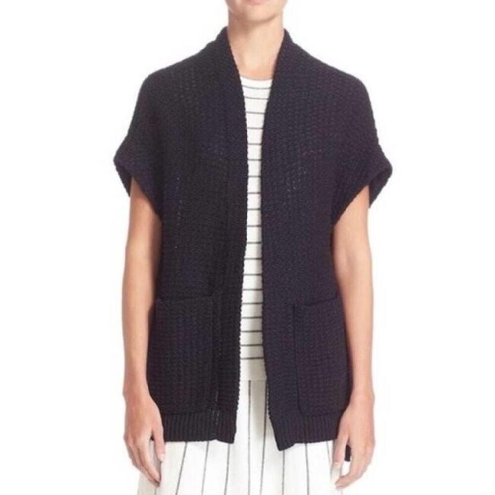 THEORY Fremont Ibisco Chunky Knit Open Front Cardigan Sweater Navy Lagenlook